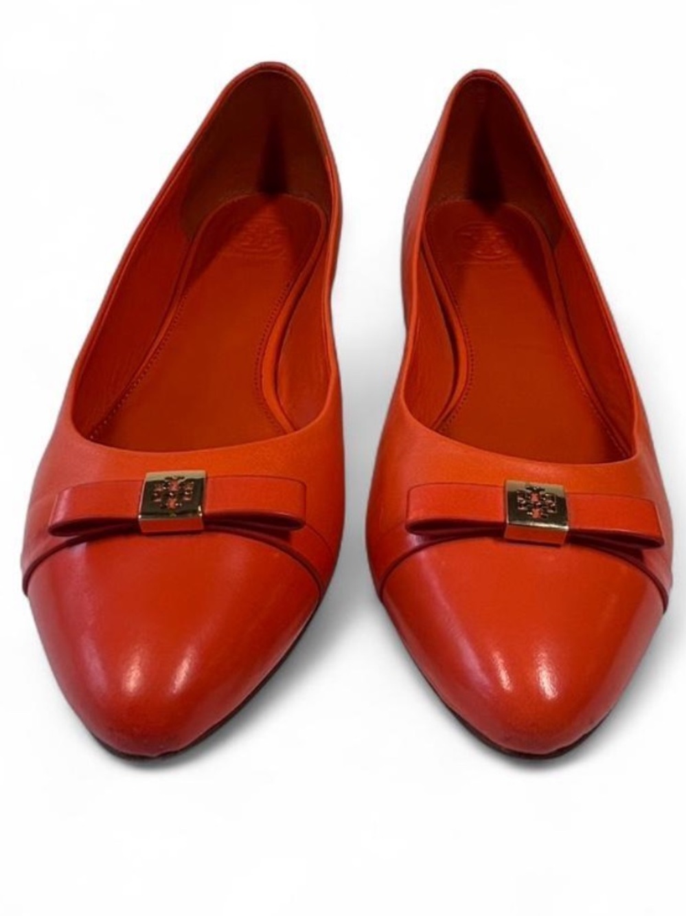 Tory Burch Hugo Pointy-Toe Ballet Flats in the vibrant orange, "Tiger Lily" 10.5